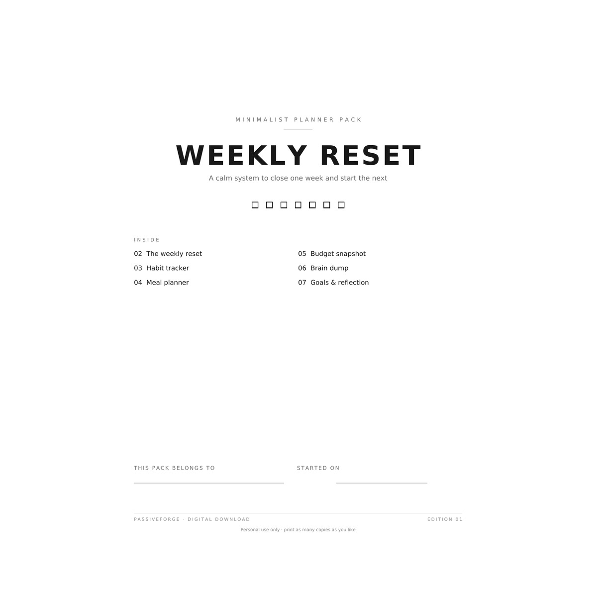 Minimalist weekly reset planner pack preview — cover, checklist, habit tracker pages