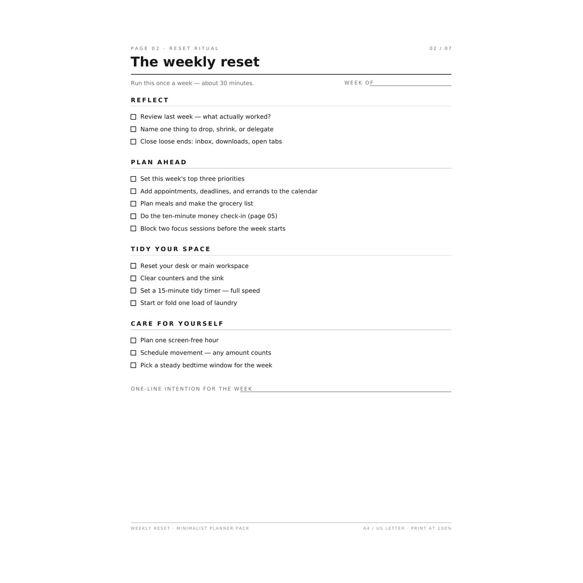 Weekly reset checklist page preview